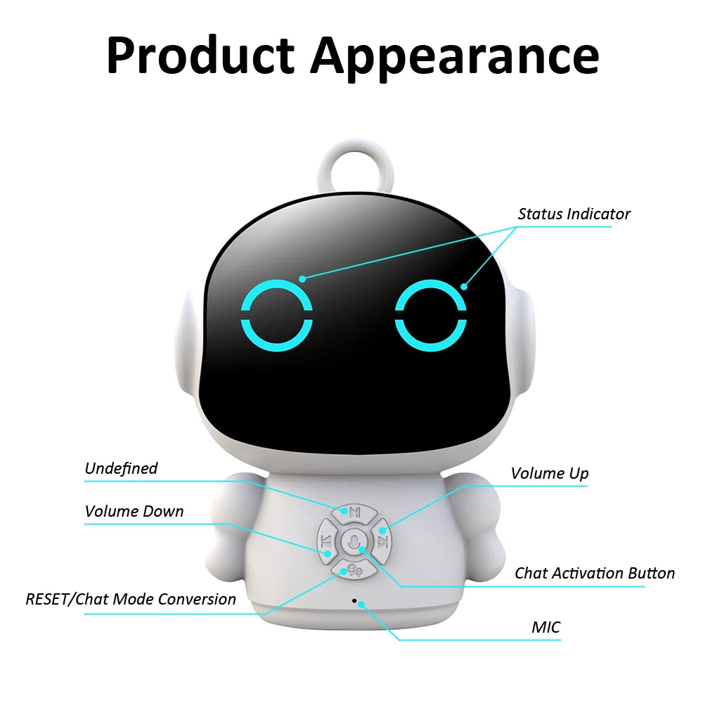 White AI voice companion robot with black face panel and front conversation controls