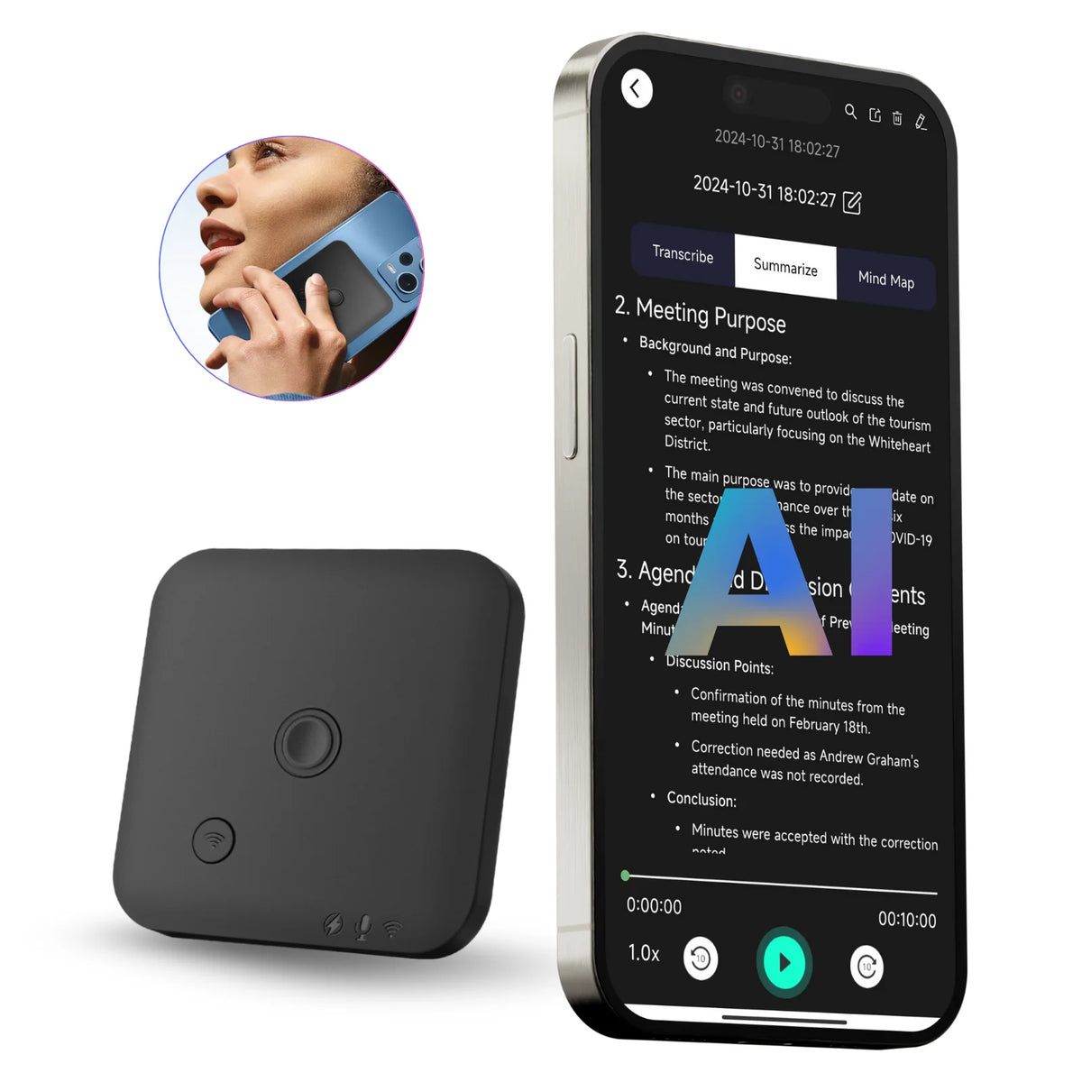 Black FoCase Rec CR1 voice recorder beside a smartphone displaying an AI-generated meeting summary