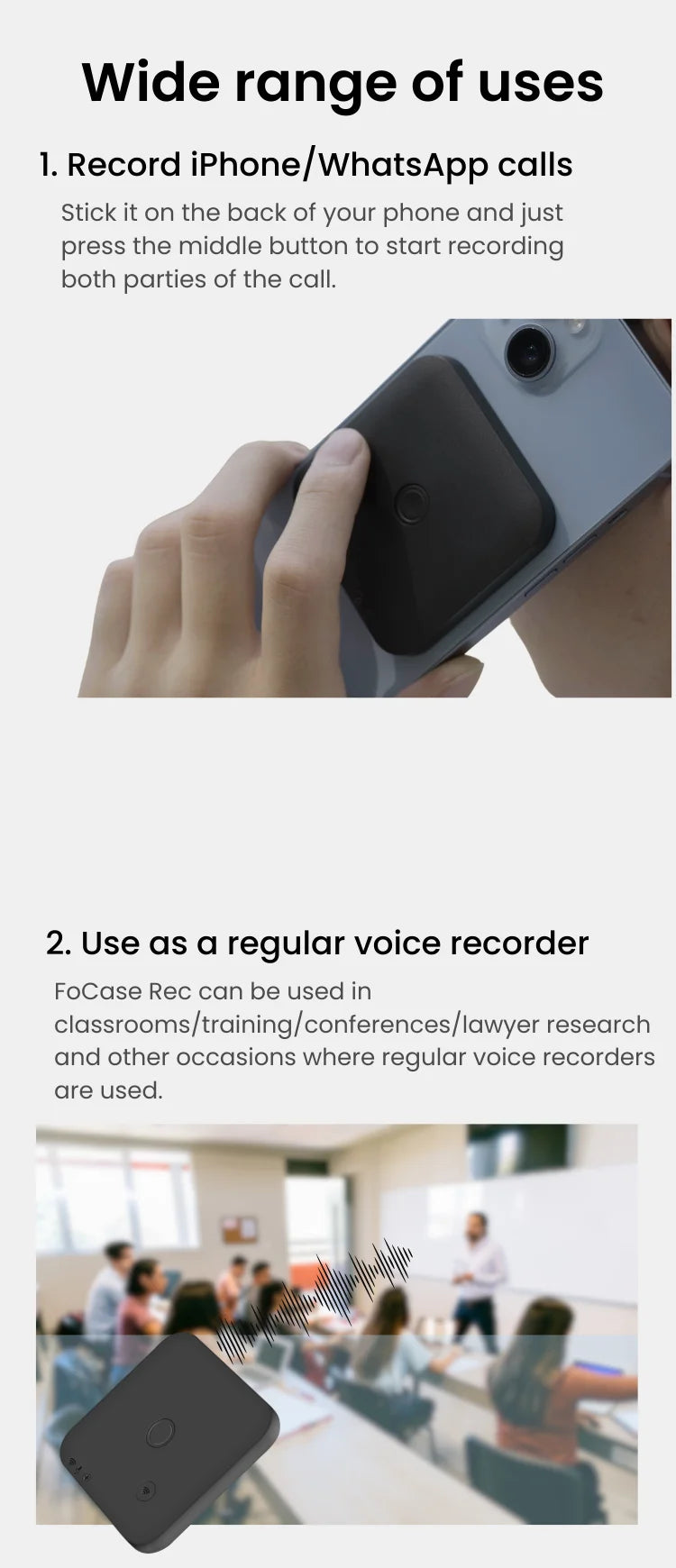 FoCase Rec CR1 AI Voice Recorder | 64GB & Call Recording