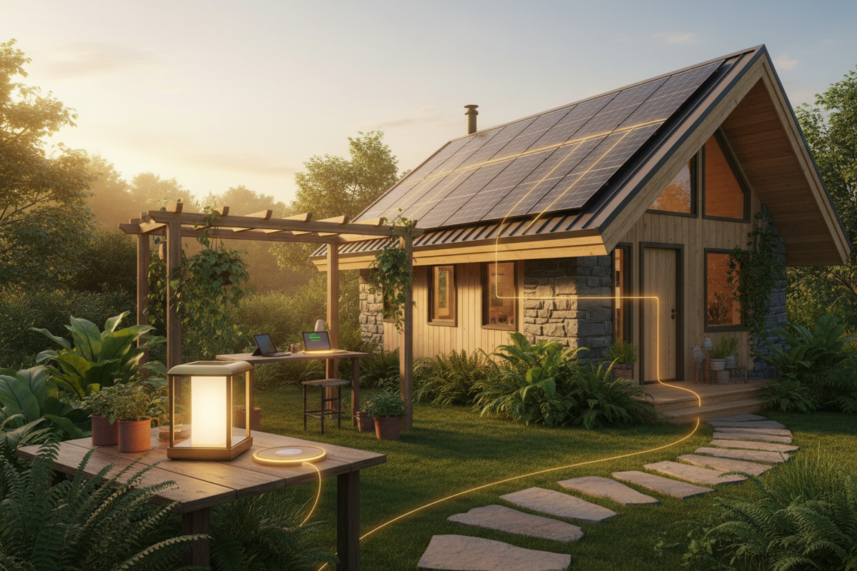 “Solar panel powering garden lights in a sustainable backyard setup”