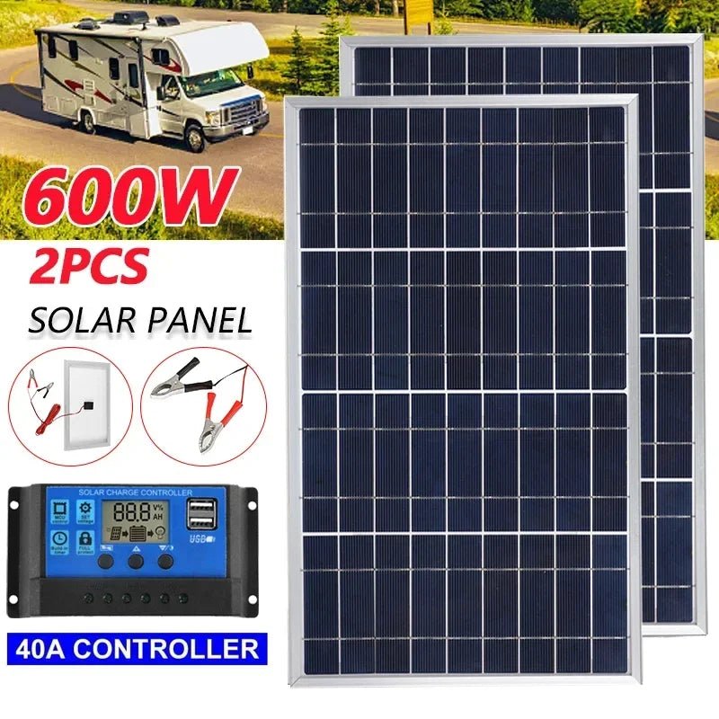 300W/600W Solar Panel Kit Complete 12V Polycrystalline USB Power Portable Outdoor Rechargeable Solar Cell Solar Generator - SunTweet