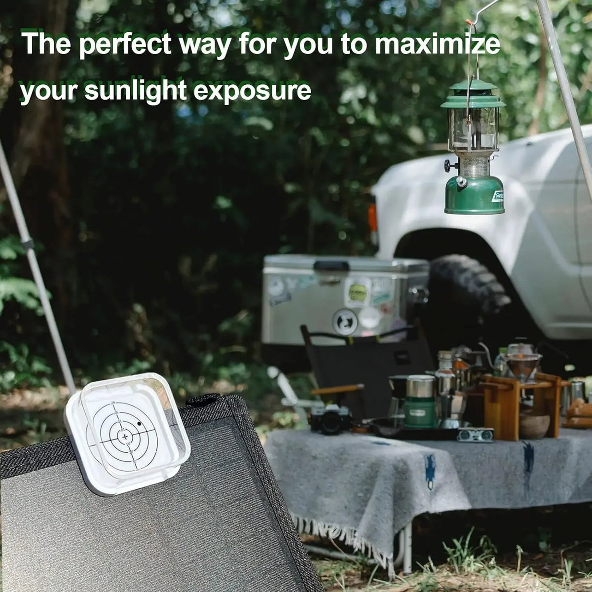 Outdoor camping scene with a lantern and sunlight exposure device, text overlay.