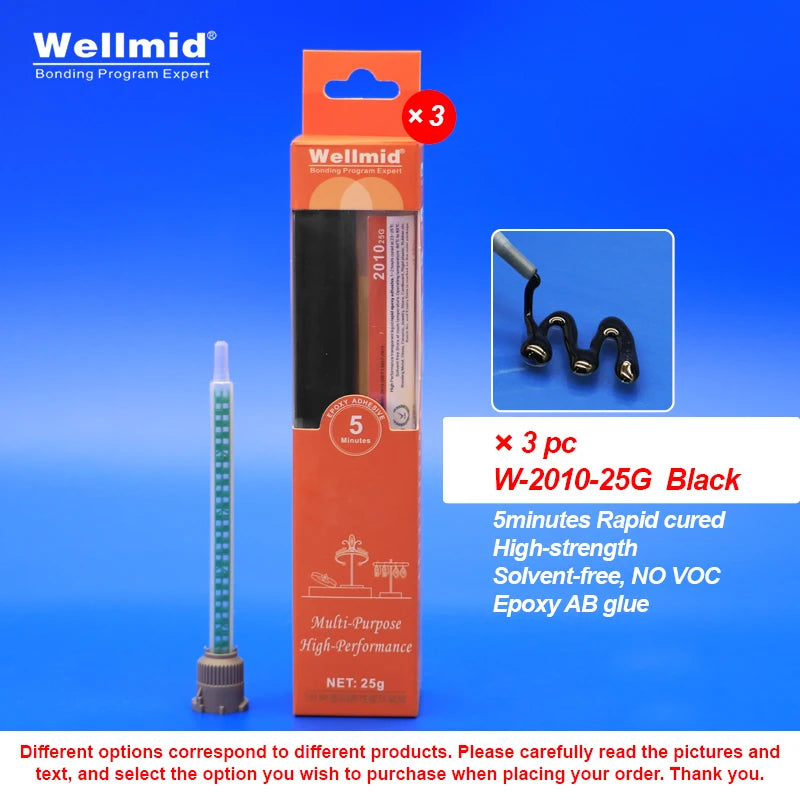 Wellmid W-2010-25G black multi-purpose epoxy AB glue in a 3-pack, shown with its orange retail packaging, a single uncapped tube, and an inset image demonstrating the black curved applicator tips.