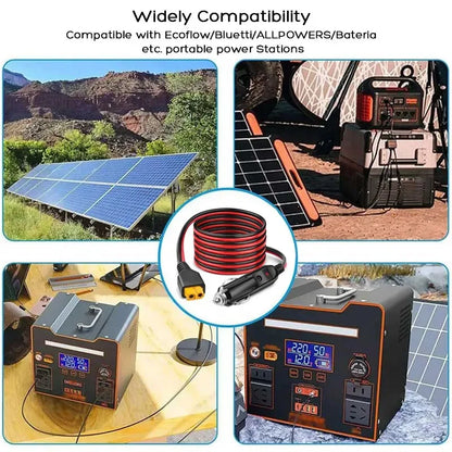 A promotional collage for a portable power station with solar compatibility. The image contains four panels showing the power station in use outdoors and on a table, alongside a coiled red-and-black cable and text stating &