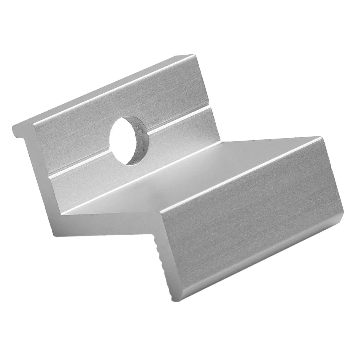 A brushed silver metal bracket or hardware piece with a circular hole, shown on a plain white background.