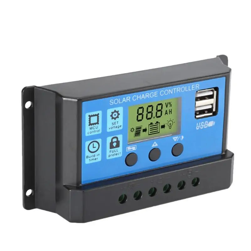 Solar charge controller with digital display on a white background