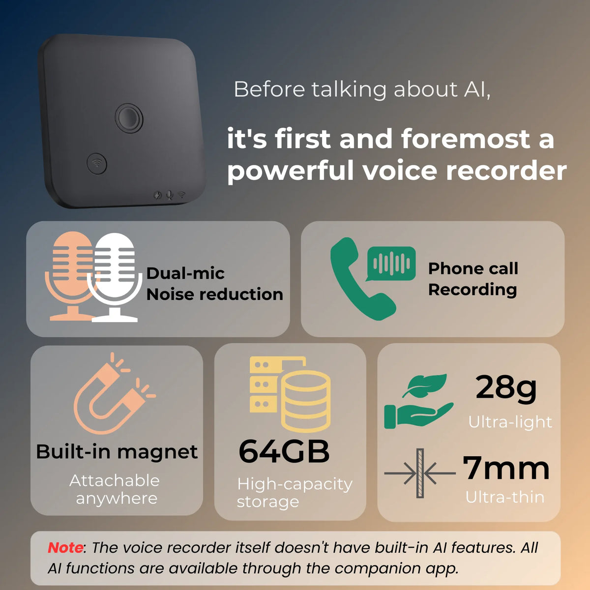 FoCase Rec CR1 AI Voice Recorder | 64GB &amp; Call Recording