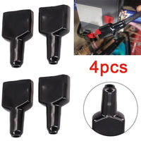 Four black plastic connector plugs shown on a white background, with two inset photos demonstrating use and a red '4pcs' text overlay.