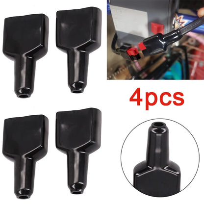 Four black plastic connector plugs shown on a white background, with two inset photos demonstrating use and a red &