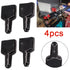 Four black plastic connector plugs shown on a white background, with two inset photos demonstrating use and a red &
