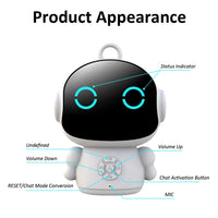 White AI voice companion robot with black face panel and front conversation controls