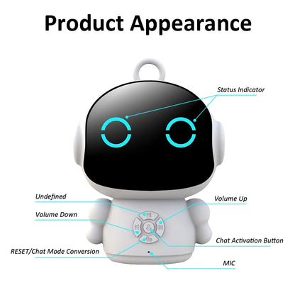 White AI voice companion robot with black face panel and front conversation controls
