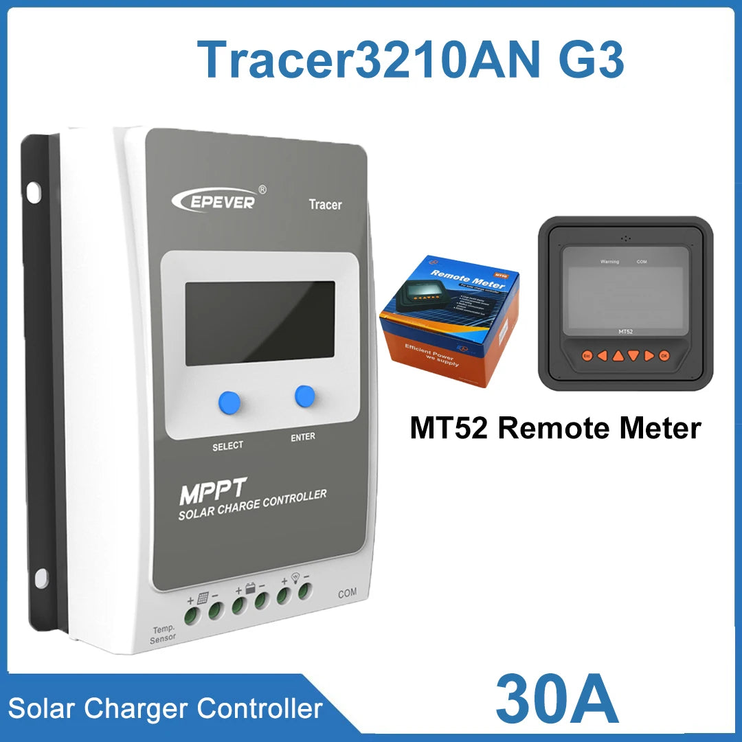 EPEVER Tracer solar charge controller MPPT 30A shown alongside a MT52 remote meter and its packaging box on a white background with blue text overlays.