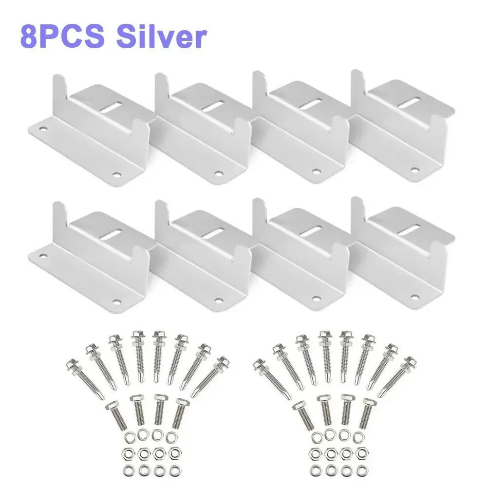 Eight silver metal mounting brackets arranged in two rows above eight matching silver screws, nuts, and washers, with the text &