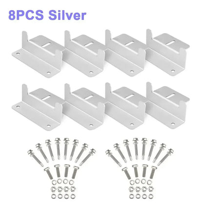Eight silver metal mounting brackets arranged in two rows above eight matching silver screws, nuts, and washers, with the text &