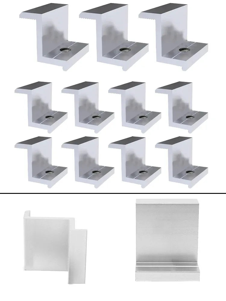 Twelve silver aluminum L-bracket corner brackets shown in two rows, with four larger close-up views at the bottom on a white background.