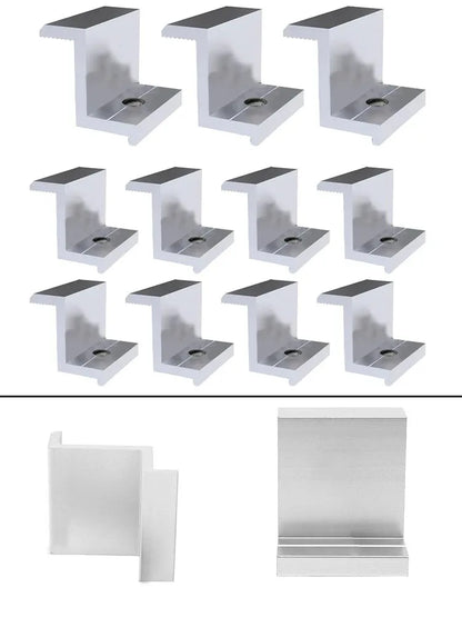 Twelve silver aluminum L-bracket corner brackets shown in two rows, with four larger close-up views at the bottom on a white background.