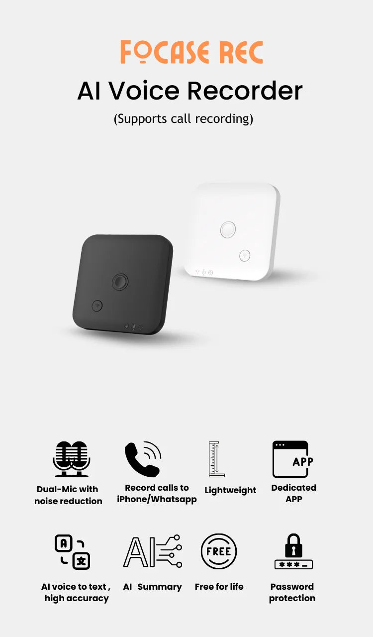 FoCase Rec CR1 AI Voice Recorder | 64GB &amp; Call Recording
