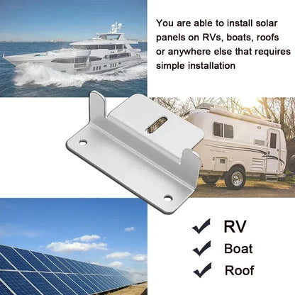 A silver metal mounting bracket for solar panels is shown on a white background, surrounded by lifestyle photos of a yacht, an RV, and solar panels, with text explaining installation options for RVs, boats, and roofs.