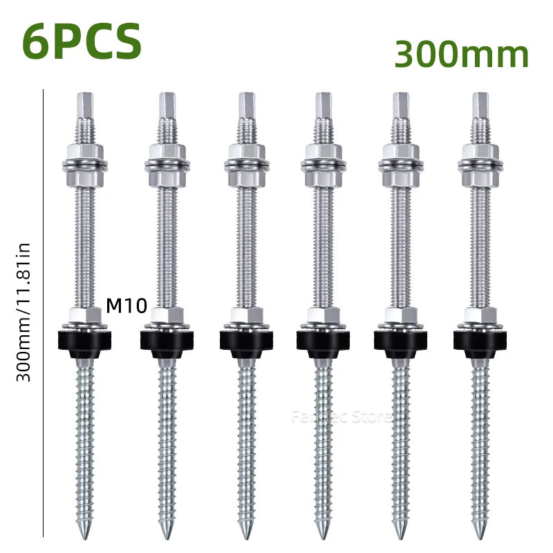 Six silver metal ground screws with black rubber washers, shown on a white background with text indicating 6PCS, 300mm, and M10.
