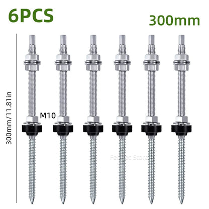 Six silver metal ground screws with black rubber washers, shown on a white background with text indicating 6PCS, 300mm, and M10.