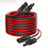 A coiled red and black cable with black connector ends, photographed on a clean white background.