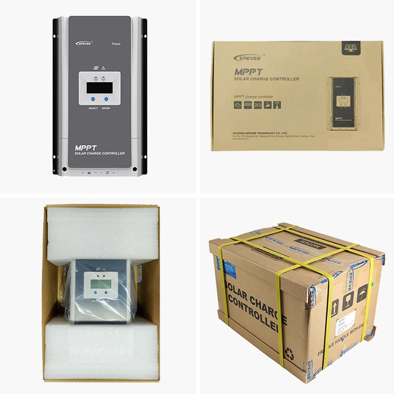 A 2x2 collage showing a solar charge controller product and its packaging: a gray controller unit on the top left, its brown cardboard box on the top right, the controller wrapped in protective foam inside an open box on the bottom left, and a larger strapped shipping box on the bottom right.