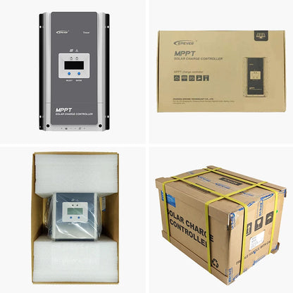 A 2x2 collage showing a solar charge controller product and its packaging: a gray controller unit on the top left, its brown cardboard box on the top right, the controller wrapped in protective foam inside an open box on the bottom left, and a larger strapped shipping box on the bottom right.