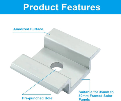 An L-shaped silver metal bracket with a pre-punched hole and anodized finish, shown on a white background with blue text labels pointing out key features under a &
