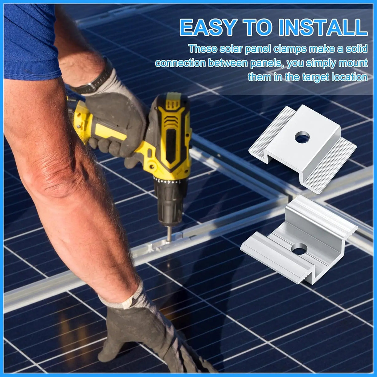 Person using a drill to install solar panel clamps on a solar panel with text &