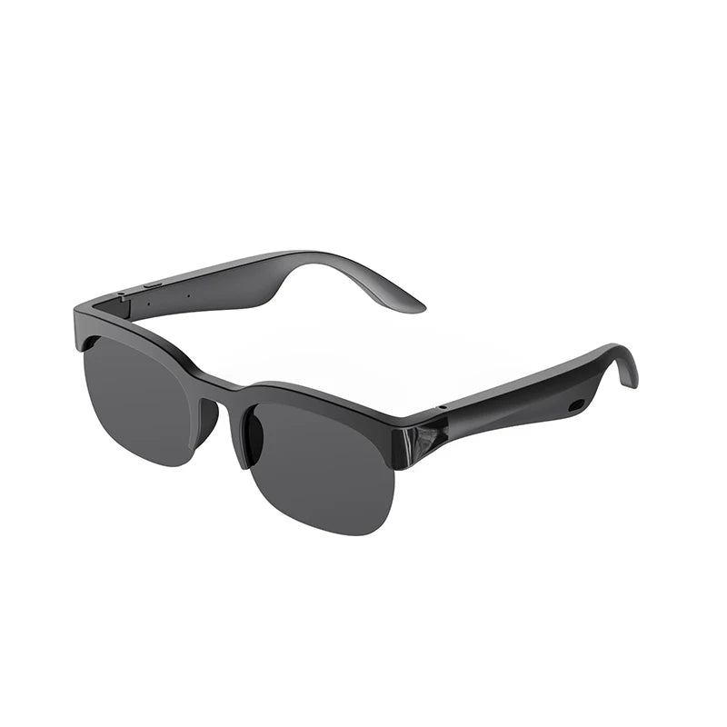 Black Bluetooth smart glasses with dark lenses, shown at an angle on a white background