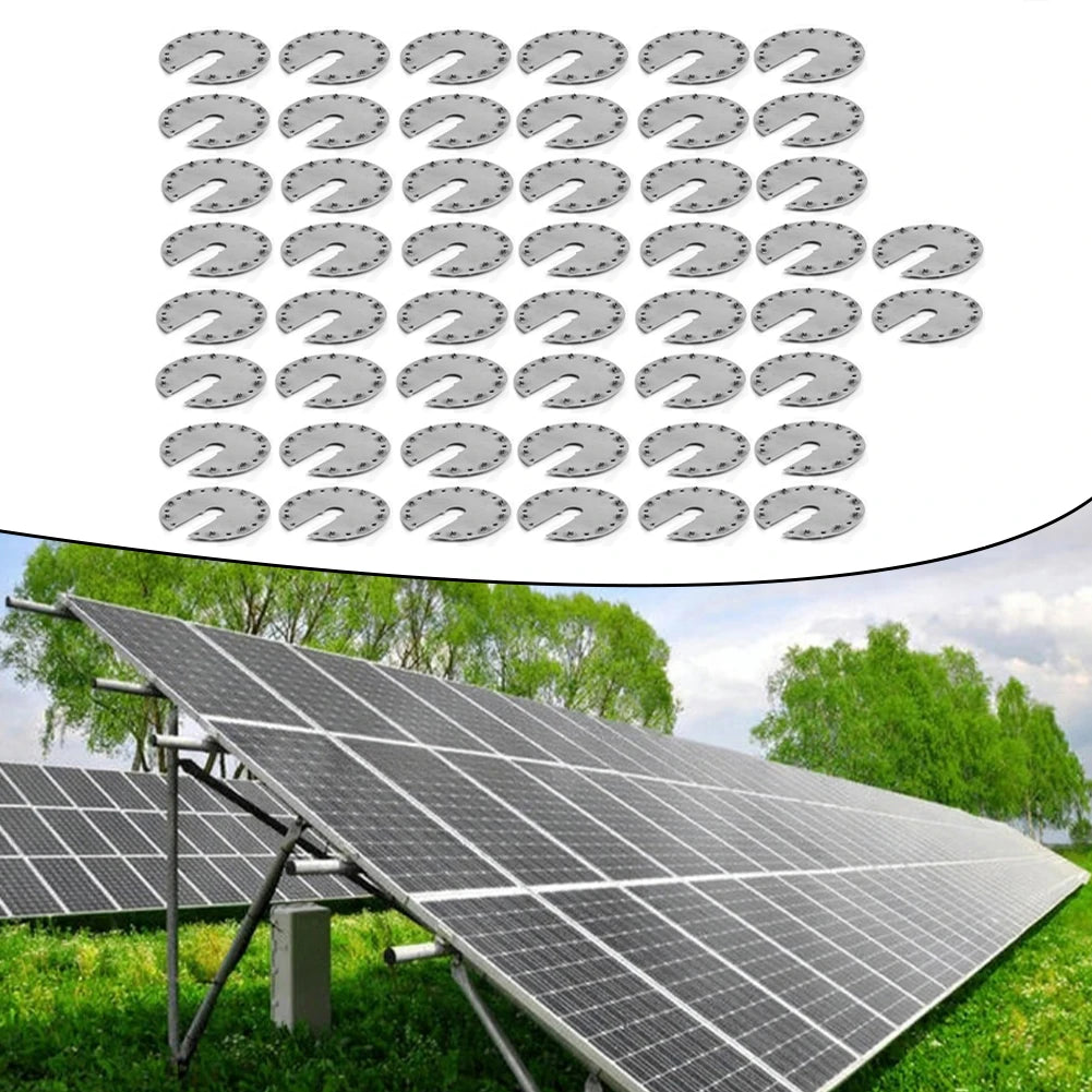 A set of 36 silver-colored solar panel mounting brackets shown in an inset at the top, with a background photo of solar panels installed on a grassy field with trees below.