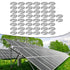 A set of 36 silver-colored solar panel mounting brackets shown in an inset at the top, with a background photo of solar panels installed on a grassy field with trees below.