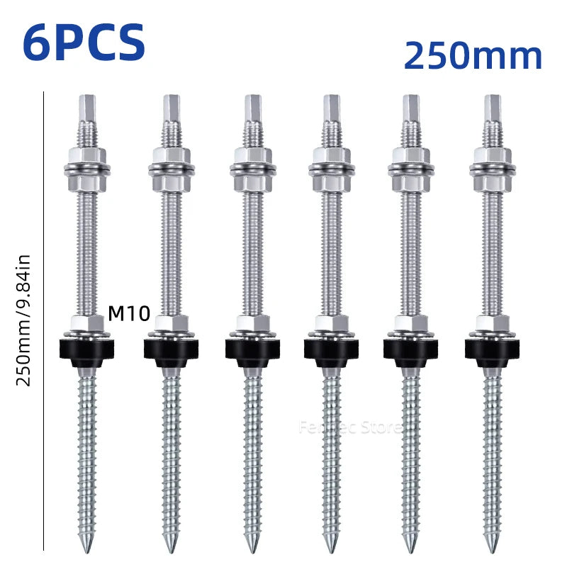 Six silver metal ground screws with black washers, shown in a row on a white background with text indicating 6PCS, 250mm, and M10.