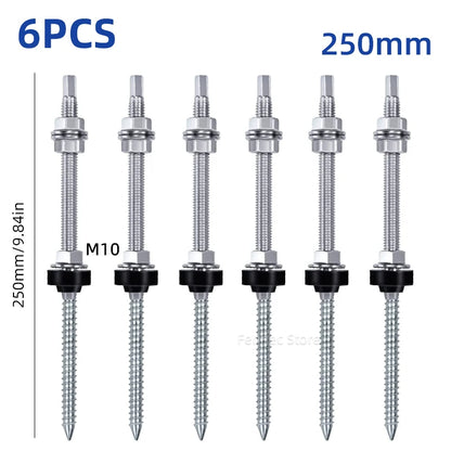 Six silver metal ground screws with black washers, shown in a row on a white background with text indicating 6PCS, 250mm, and M10.
