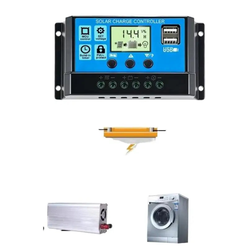 A solar charge controller unit with a blue front display panel and black mounting brackets, shown above smaller inset images of a solar panel, a battery/inverter component, and a washing machine on a white background.