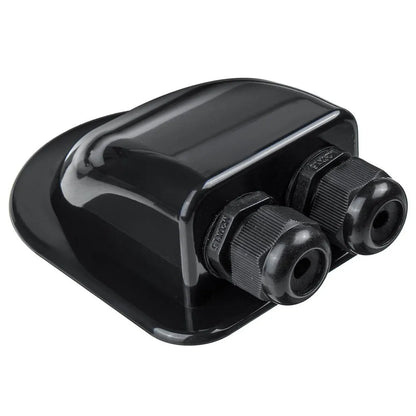 Black plastic electrical connector with two sockets on a white background