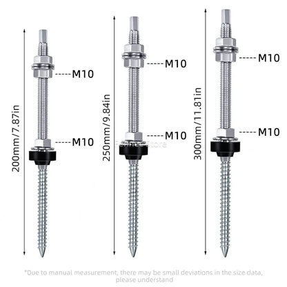 Three metal ground screws shown side by side with labeled heights and M10 thread markings, on a white background with a small disclaimer about manual measurement.
