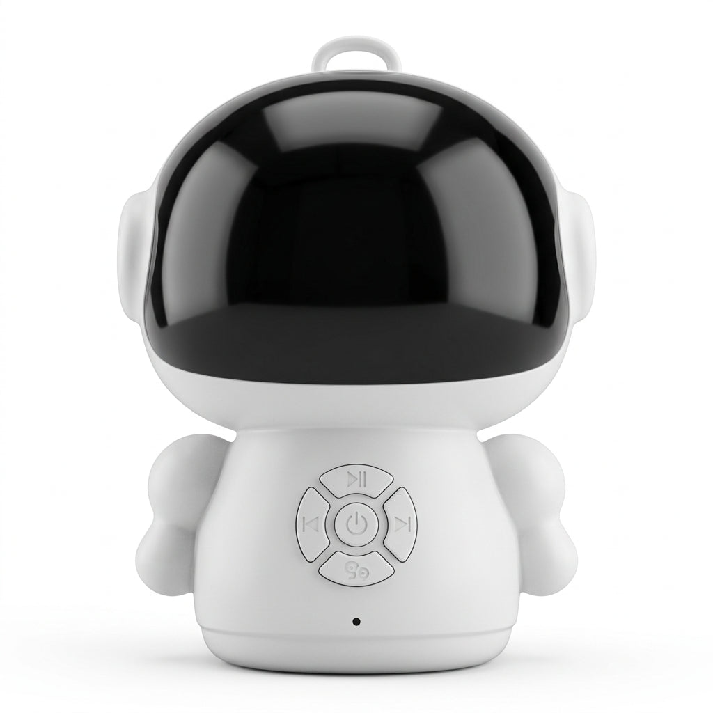 White AI voice companion robot with black face panel and front conversation controls