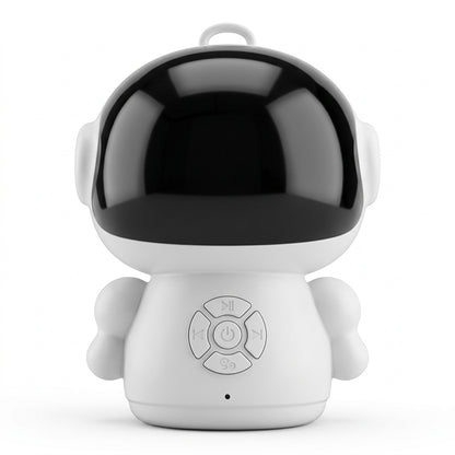 White AI voice companion robot with black face panel and front conversation controls