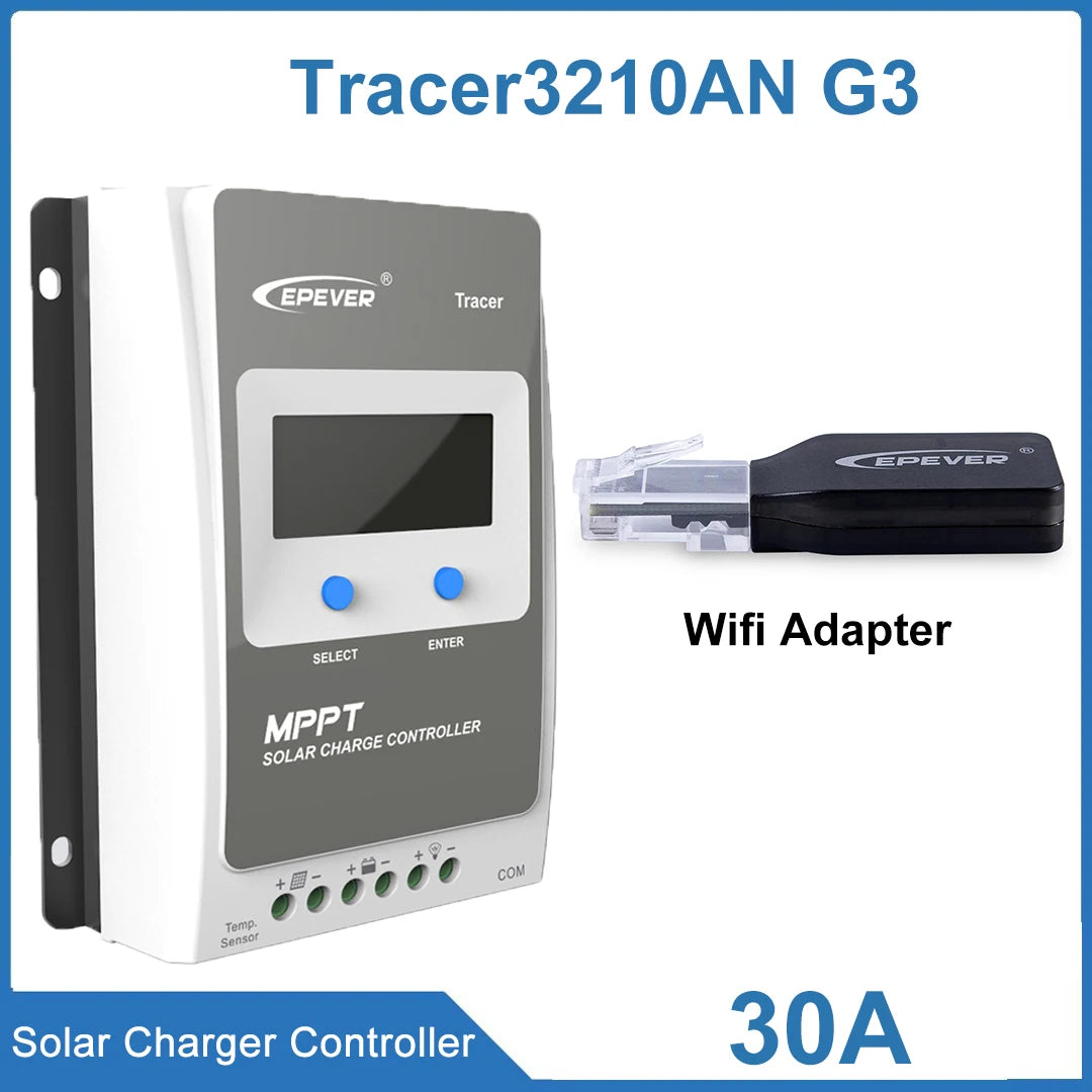 EPEVER Tracer solar charge controller unit in white and gray, shown alongside a black WiFi adapter on a white background with blue text overlays.