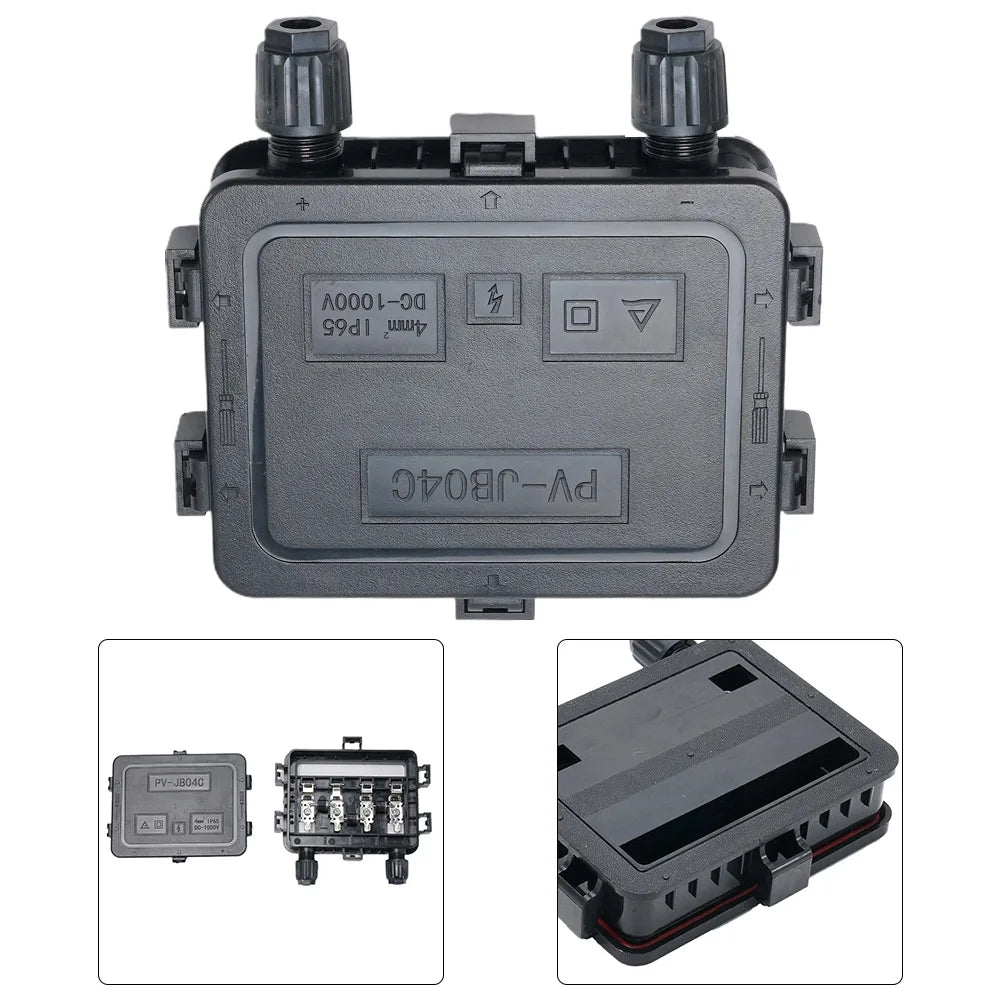 Black electrical junction box with multiple views on a white background