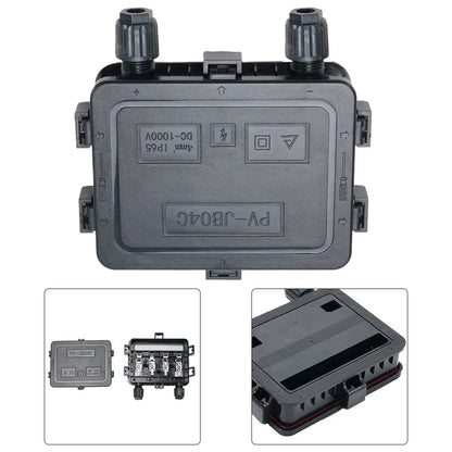 Black electrical junction box with multiple views on a white background