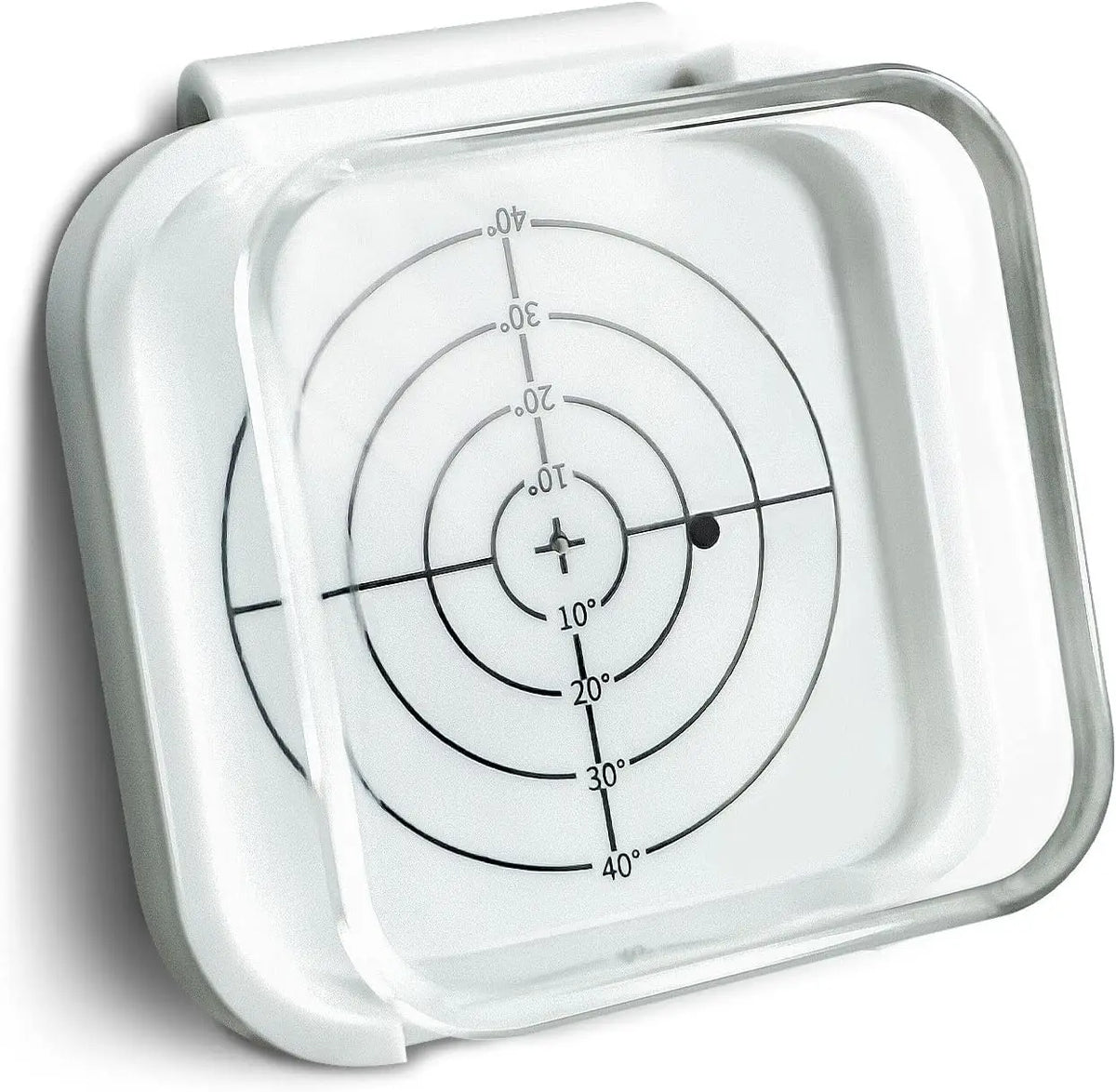 White square target with circular measurement markings on a white background