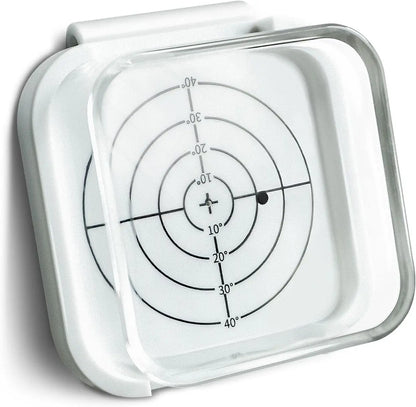White square target with circular measurement markings on a white background
