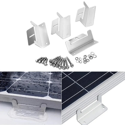 Silver metal mounting brackets and stainless steel screws for a solar panel system, shown on a white background with two inset photos demonstrating the brackets attached to and securing a solar panel.