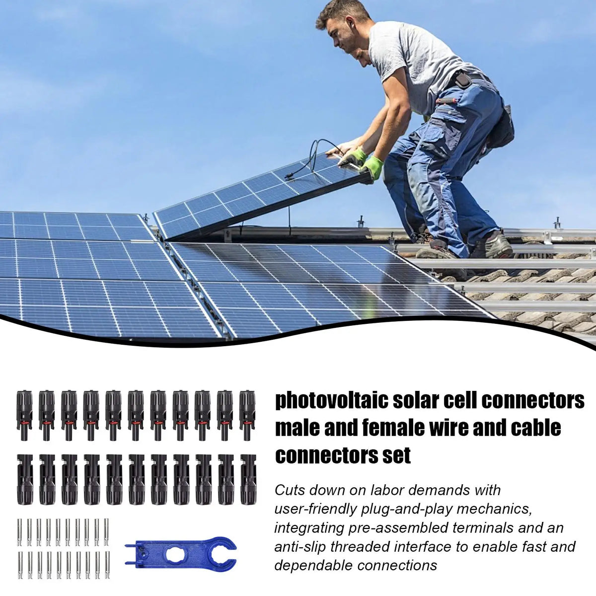 Person installing solar panels on a roof with photovoltaic solar cell connectors displayed below.