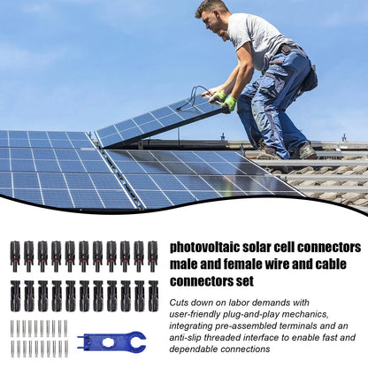 Person installing solar panels on a roof with photovoltaic solar cell connectors displayed below.