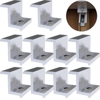 Ten white metal L-shaped mounting brackets arranged in a grid, with a circular inset showing one bracket installed under a cabinet or shelf.