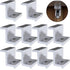 Ten white metal L-shaped mounting brackets arranged in a grid, with a circular inset showing one bracket installed under a cabinet or shelf.